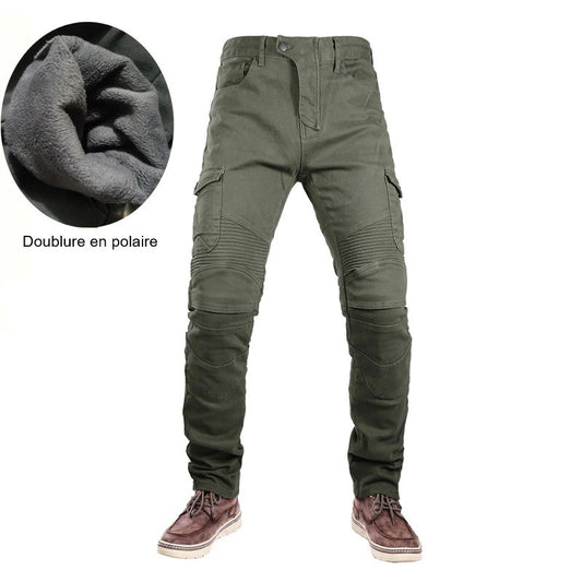 Jean de moto polaire kaki homme, empiècements biker aux genoux, protections amovibles.