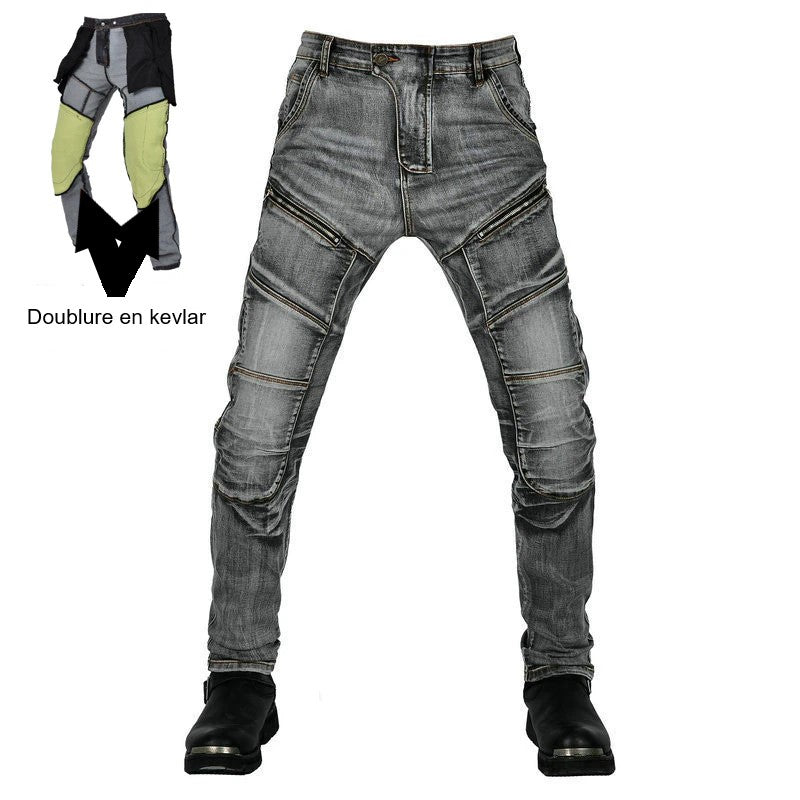 Jean de moto Kevlar gris délavé style biker avec empiècements matelassés