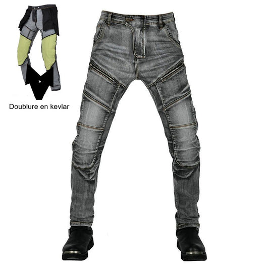 Jean de moto Kevlar gris délavé style biker avec empiècements matelassés