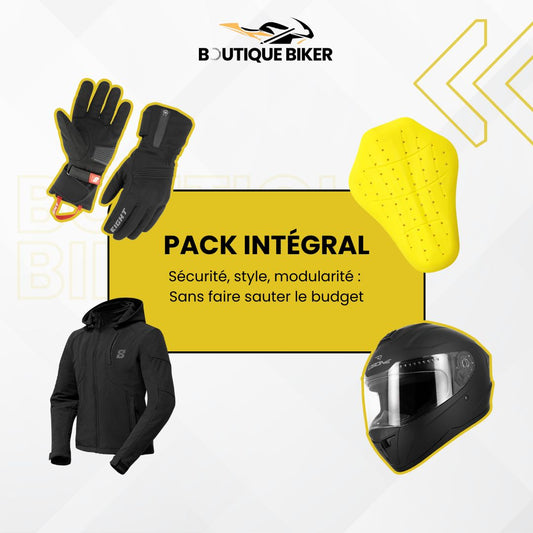 Pack moto femme Prétender noir mat : casque modulable, blouson, gants.