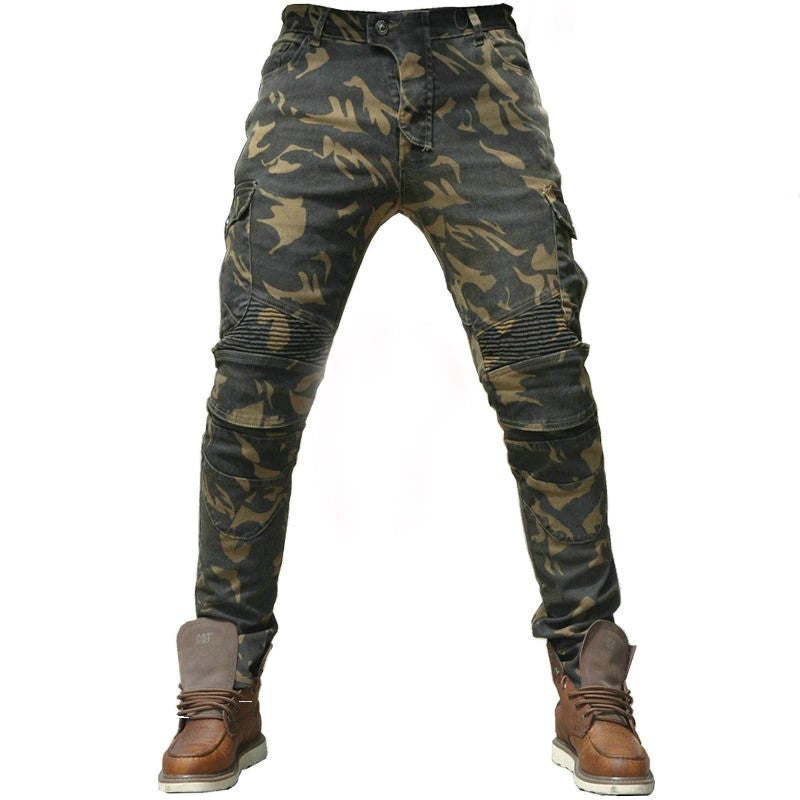 Jean de moto camouflage slim-fit en Nylon Coton avec poches cargo et détails biker.