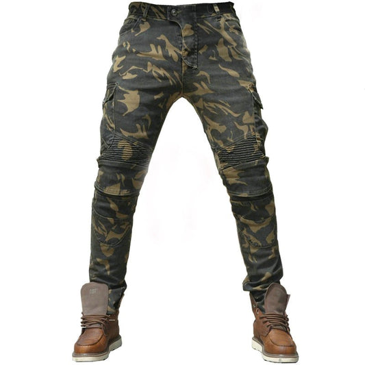 Jean de moto camouflage slim-fit en Nylon Coton avec poches cargo et détails biker.