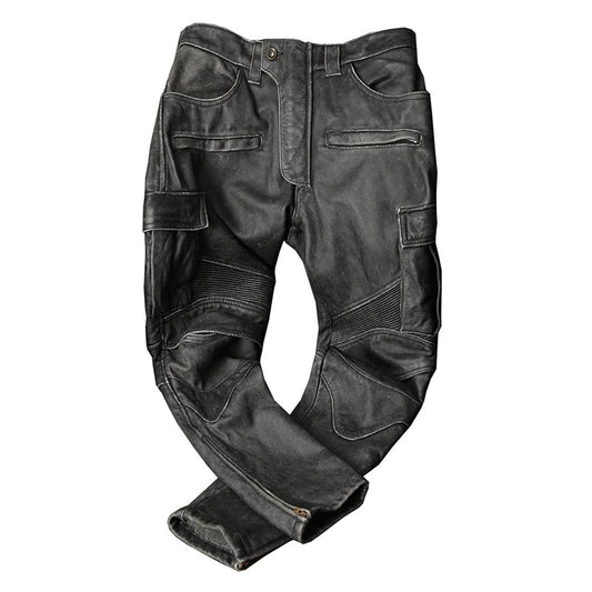 Pantalon de moto vintage en cuir gris anthracite, poches cargo, zones stretch et zips chevilles.
