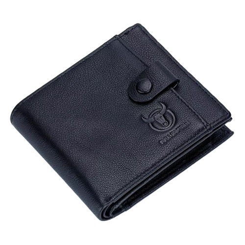 Porte-monnaie Bullcaptain noir en cuir véritable pour homme avec bouton de fermeture