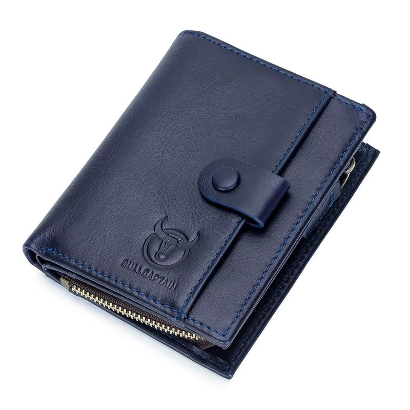 Portefeuille homme en cuir bleu avec bouton pression, porte-monnaie zippé et finitions élégantes