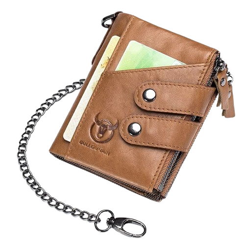 portefeuille homme en cuir marron clair avec chaîne de sécurité et fermeture zippée pratique