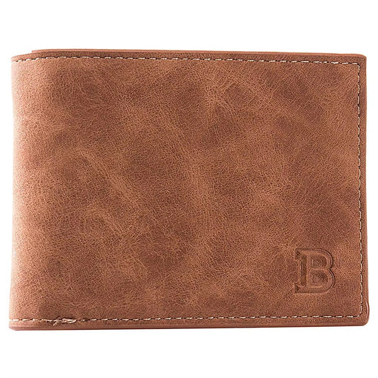 portefeuille homme pas cher en cuir marron clair avec couture apparente et initiale B embossée