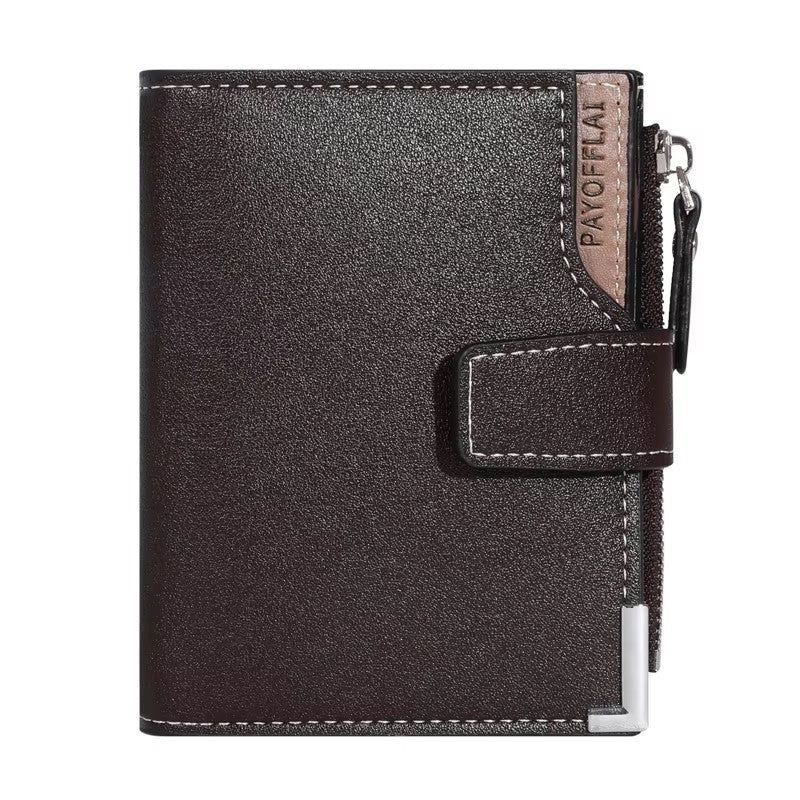 portefeuille homme grand format marron foncé avec zip latéral et fermeture à bouton-pression moderne