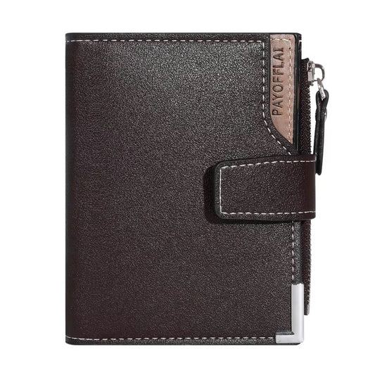 portefeuille homme grand format marron foncé avec zip latéral et fermeture à bouton-pression moderne
