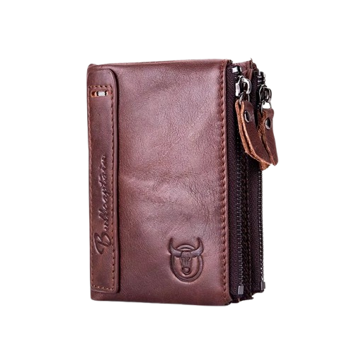 portefeuille homme en cuir marron avec triple fermeture éclair et design pratique