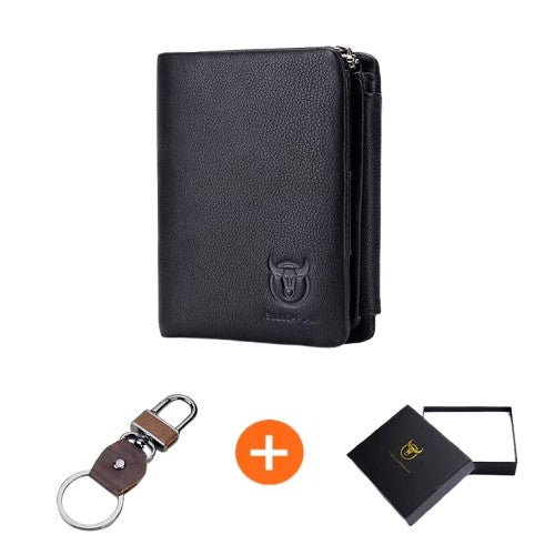 portefeuille noir moderne pour homme Bullcaptain avec zip, porte-clés et coffret cadeau