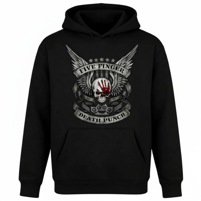 Pull biker noir homme Five Finger Death Punch, logo crâne et drapeau, capuche.