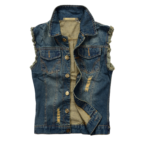 Gilet jean biker unisexe arraché, denim bleu délavé résistant