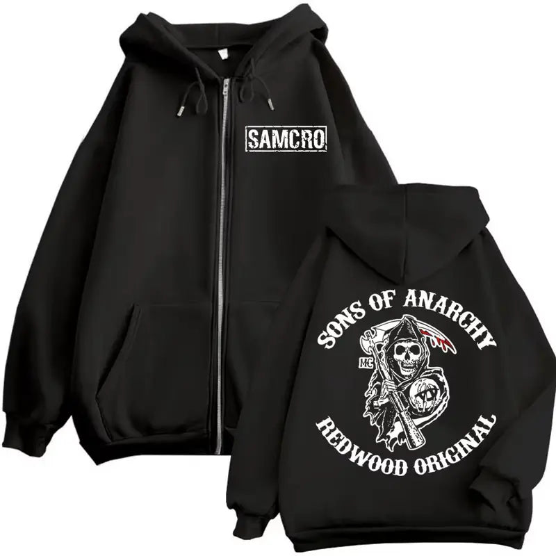 Sweat à capuche zippé Sons of Anarchy noir, logo SAMCRO et Faucheuse, style biker.