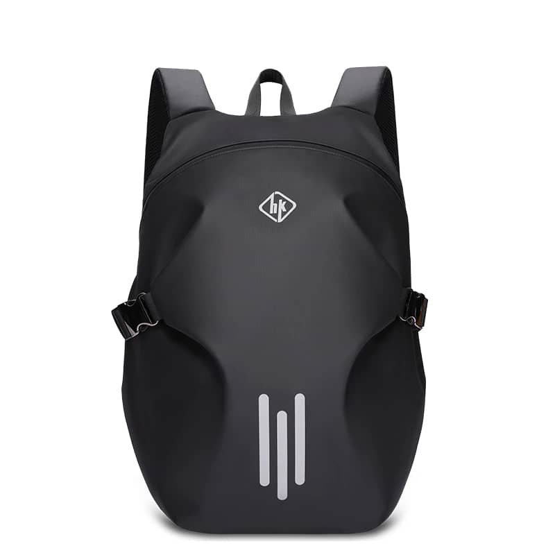 Sac à dos moto HK noir mat, imperméable et extensible, avec bandes réfléchissantes.