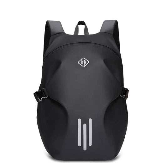 Sac à dos moto HK noir mat, imperméable et extensible, avec bandes réfléchissantes.