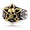 Bague tête de mort en argent massif avec étoile dorée et gravures roses pour motard gothique