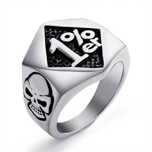 Bague biker 1% pour motard avec crâne gravé en acier inoxydable