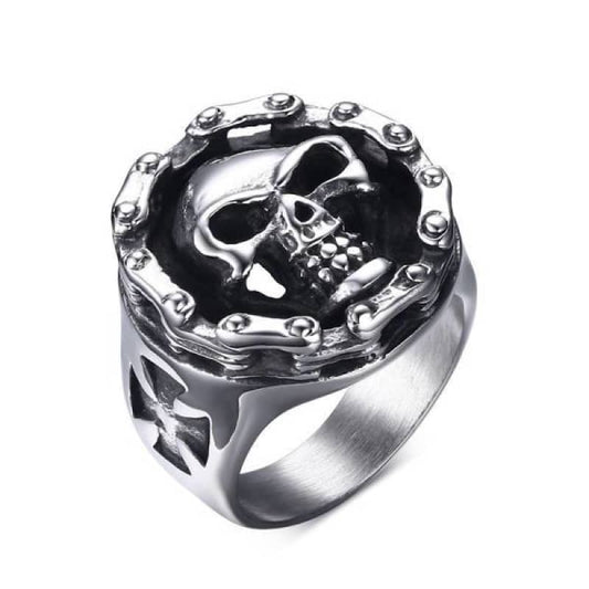 Bague biker en acier avec crâne et chaîne pour motard