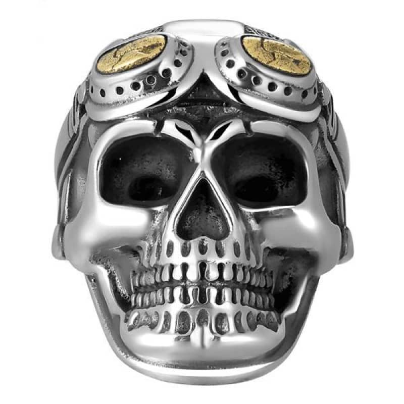 Bague crâne pour homme style biker avec lunettes dorées