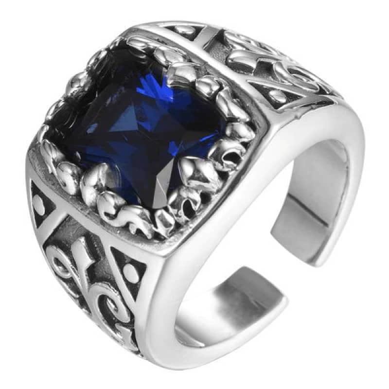 Bague Biker Dark Crown argent 925, zircone bleue intense carrée, motifs gothiques sculptés.