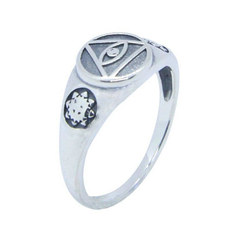 Bague Biker Œil de la Providence en alliage de titane, aspect argenté vieilli mystique