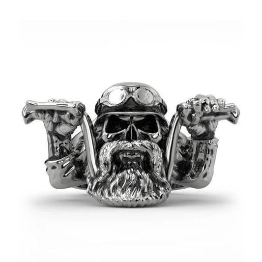 Bague motard en acier inoxydable avec crâne et guidon moto pour homme et femme