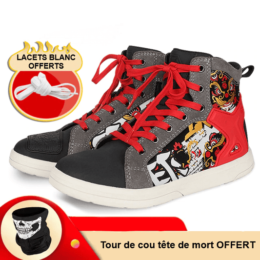 baskets moto montantes en coton et polyester pour homme et femme, semelle antidérapante et renfort sélecteur, avec tour de cou offert