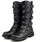 bottes moto biker noires pour homme et femme avec boucles décorées de crânes, cuir PU, semelle antidérapante et style gothique rock