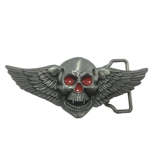 Boucle de ceinture homme biker crâne ailé avec yeux rouges en alliage de zinc
