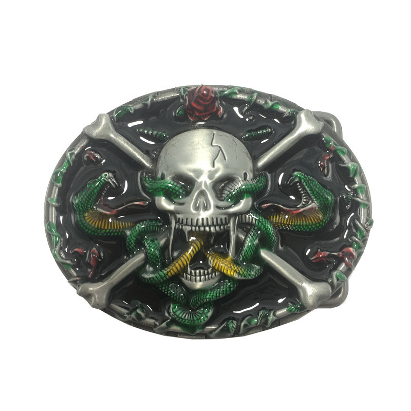 Boucle de ceinture biker tête de mort avec serpents et croix en métal sculpté – style gothique rebelle