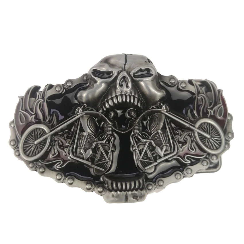 Boucle de ceinture homme biker avec tête de mort et motos chopper sculptées