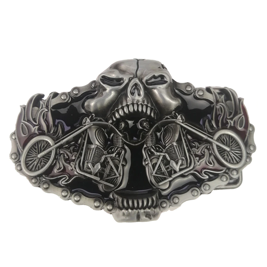 Boucle de ceinture homme biker avec tête de mort et motos chopper sculptées
