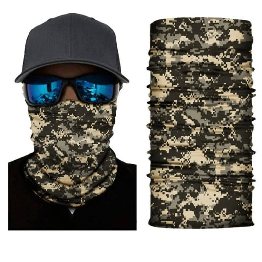 Cache-cou moto camouflage militaire, tissu respirant et extensible, protection efficace contre le vent, la poussière et les intempéries, idéal pour motards et aventuriers outdoor.
