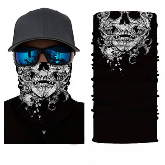 Cache-cou moto noir motif tête de mort, tissu respirant et léger, protection efficace contre le vent, la poussière et le froid, style rebelle et urbain.