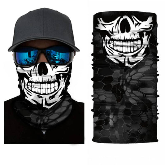 Cache cou moto noir et blanc motif squelette en polyester respirant et protecteur.