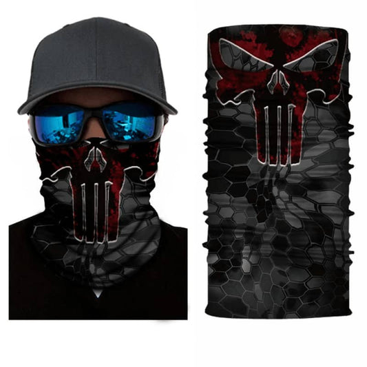 Cache-cou moto motif Punisher tête de mort rouge sang, tissu respirant et léger, protection efficace contre le vent, la poussière et le froid, style rebelle et audacieux pour bikers.