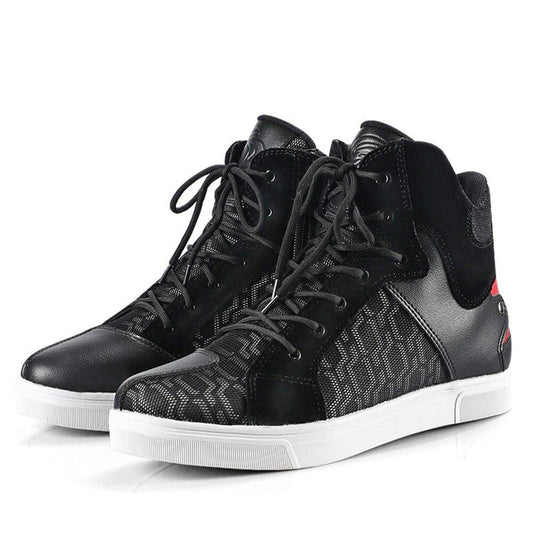 basket moto noir et rouge unisexe au look racing avec semelle antidérapante et renfort sélecteur, idéale pour homme et femme