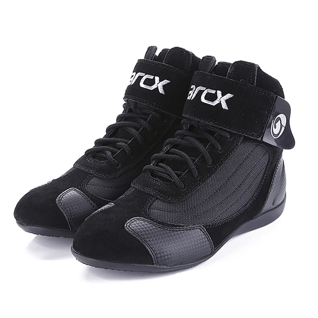 chaussures moto pour homme avec double fermeture scratch et lacets, semelle antidérapante, en coton respirant et polyester robuste