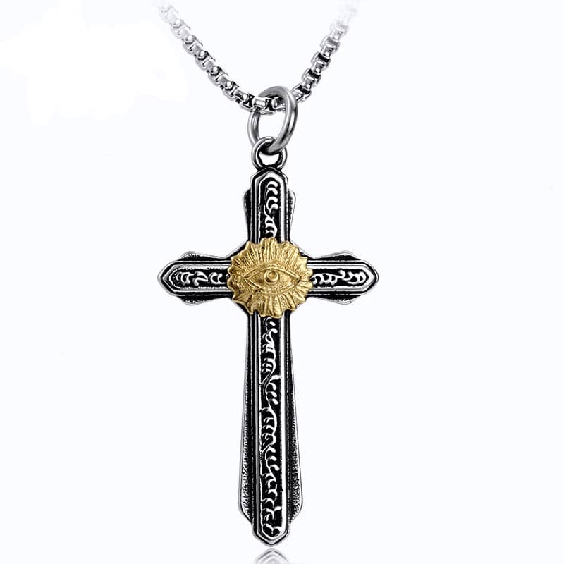 Collier croix pour homme biker en acier inoxydable avec œil doré protecteur