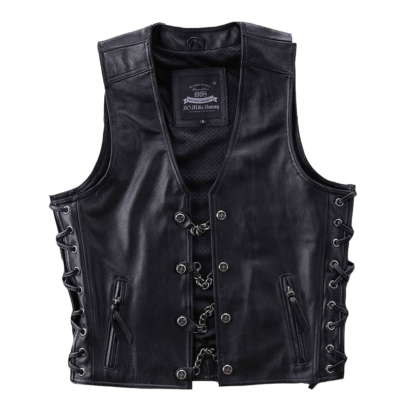 Veste biker en cuir noir sans manches avec chaînes et coupe motard