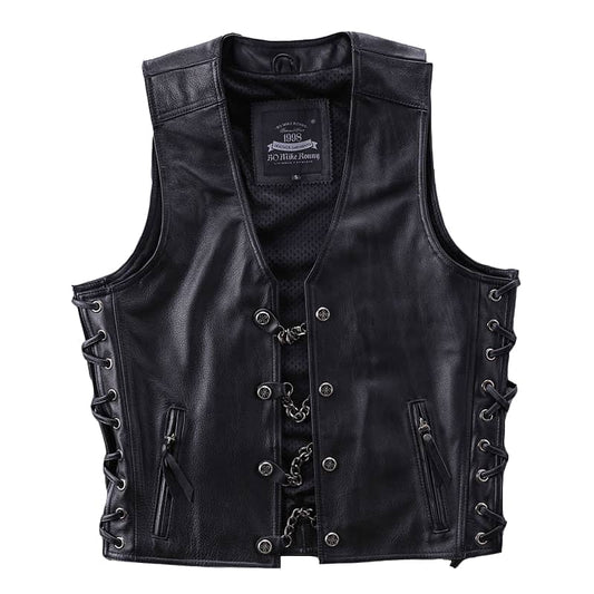 Veste biker en cuir noir sans manches avec chaînes et coupe motard
