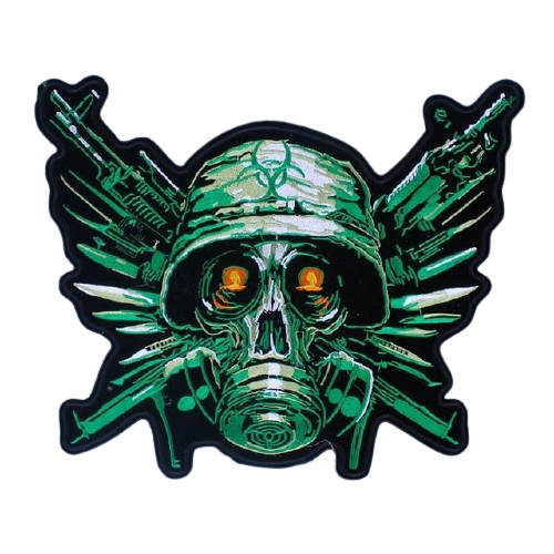 Écusson brodé 3D pour biker avec crâne militaire, masque à gaz et design apocalypse vert – accessoire à coudre pour veste ou sac