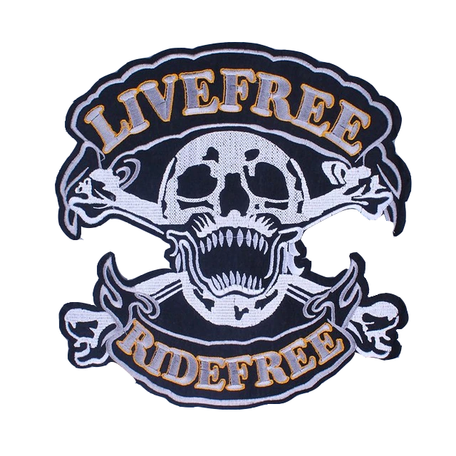 Écusson biker tête de mort pirate brodé 3D avec texte Live Free Ride Free à coudre sur veste moto