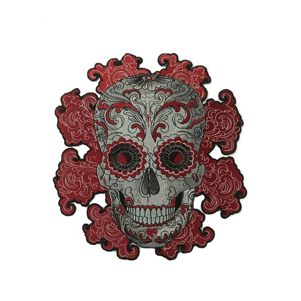 Ecusson brodé 3D tête de mort mexicaine rouge et noir à coudre sur veste ou sac style biker