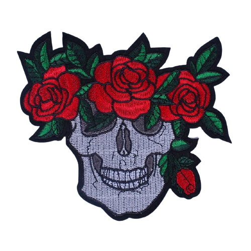 Écusson brodé tête de mort avec roses rouges 3D à coudre sur veste ou sac – style biker gothique