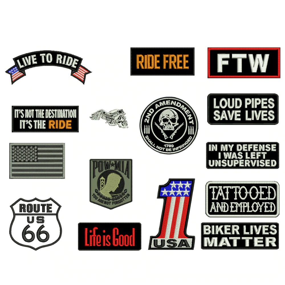 Lot de 15 écussons biker brodés 3D à coudre sur veste moto ou gilet style custom
