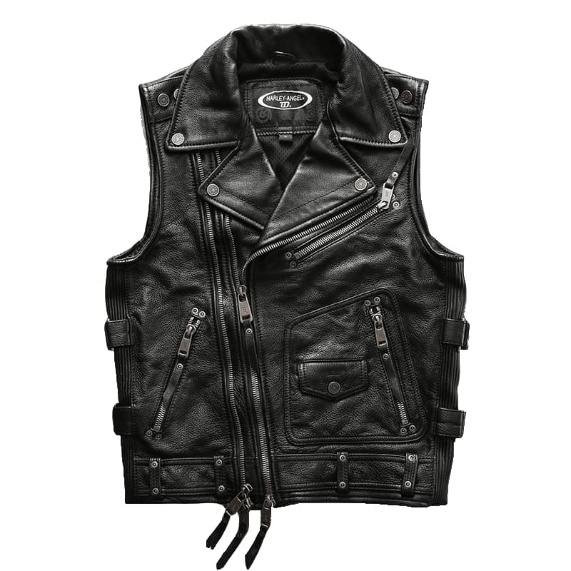 Gilet en cuir sans manche pour homme biker avec poches zippées, cuir de vachette semi-épais et fermeture éclair