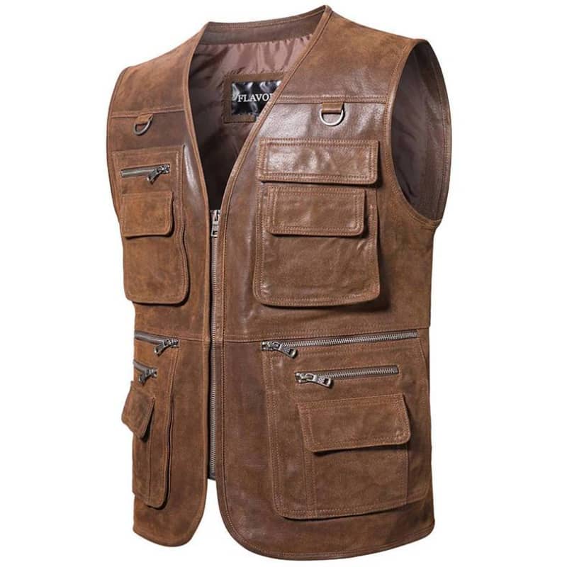Gilet en cuir marron pour homme motard biker