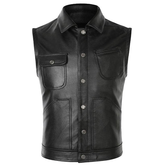 Gilet biker en cuir de vachette semi-épais pour homme, fermeture à boutons métalliques et poches multiples
